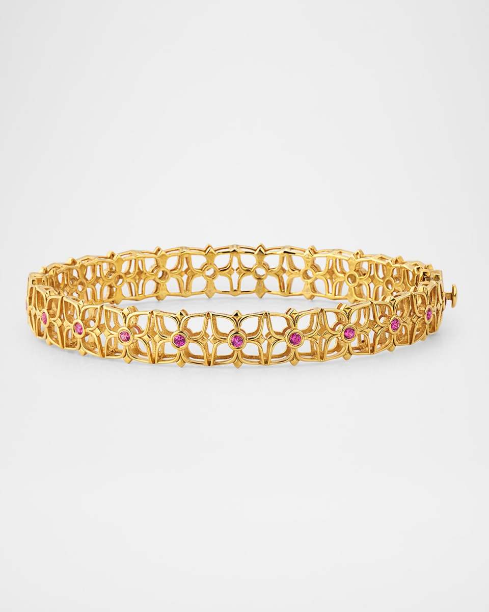 18K Yellow Gold Signature White Diamond and Ruby Bangle Bracelet